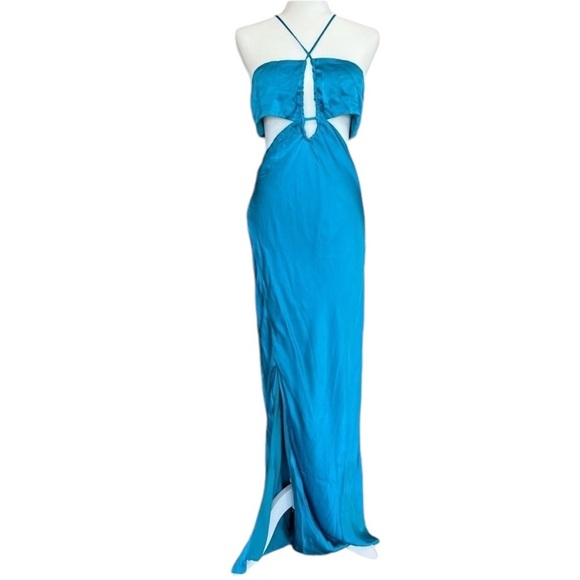 Bardot x REVOLVE Daring Satin Cutout Maxi Dress Marine Blue 12 Prom Date NWT - Picture 1 of 5
